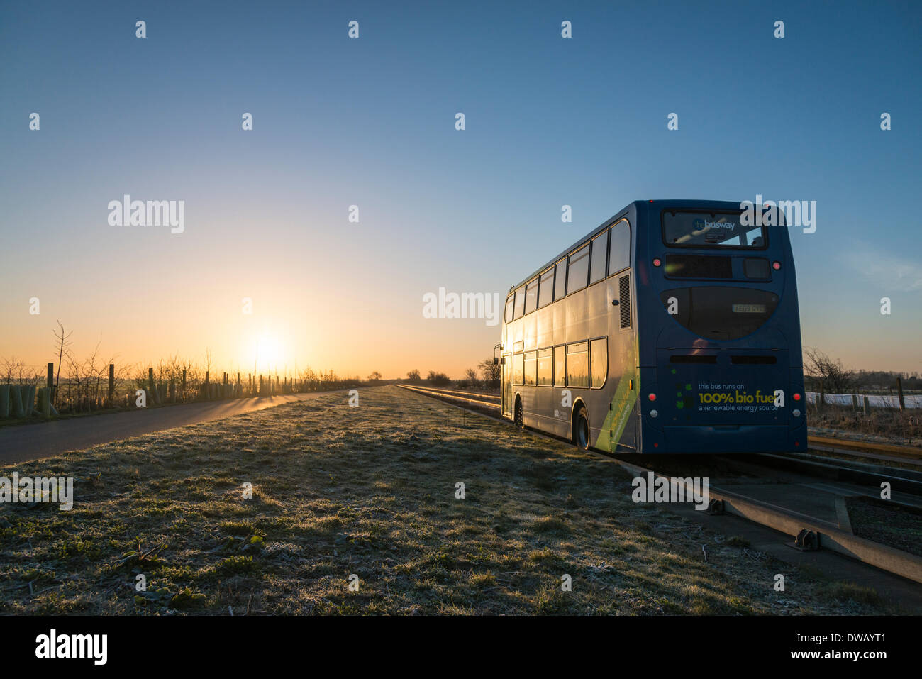Longstanton, Cambridgeshire, UK. 5th March 2014. A guided bus travels Stock Photo, Royalty Free