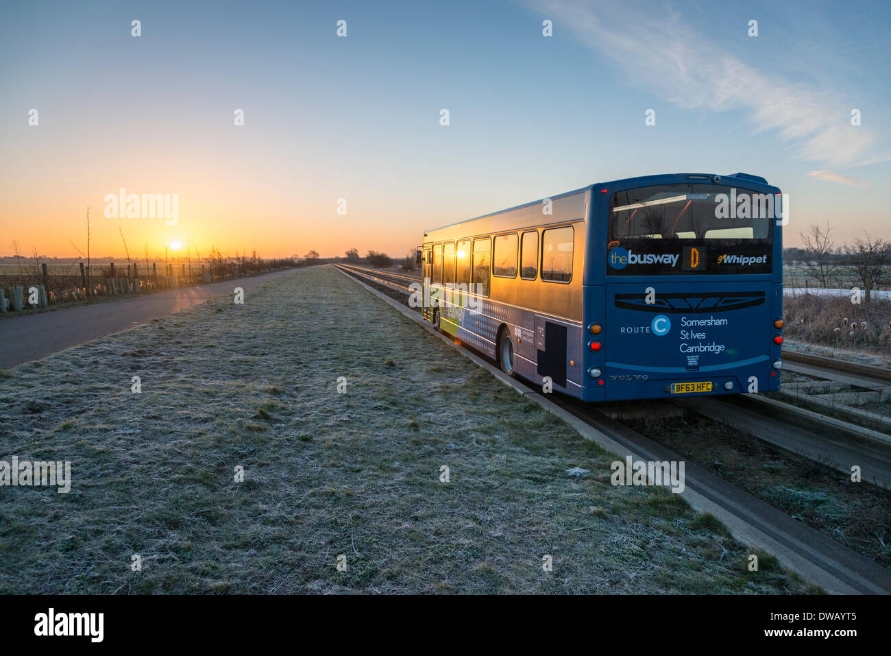 Longstanton, Cambridgeshire, UK. 5th March 2014. A guided bus travels Stock Photo, Royalty Free