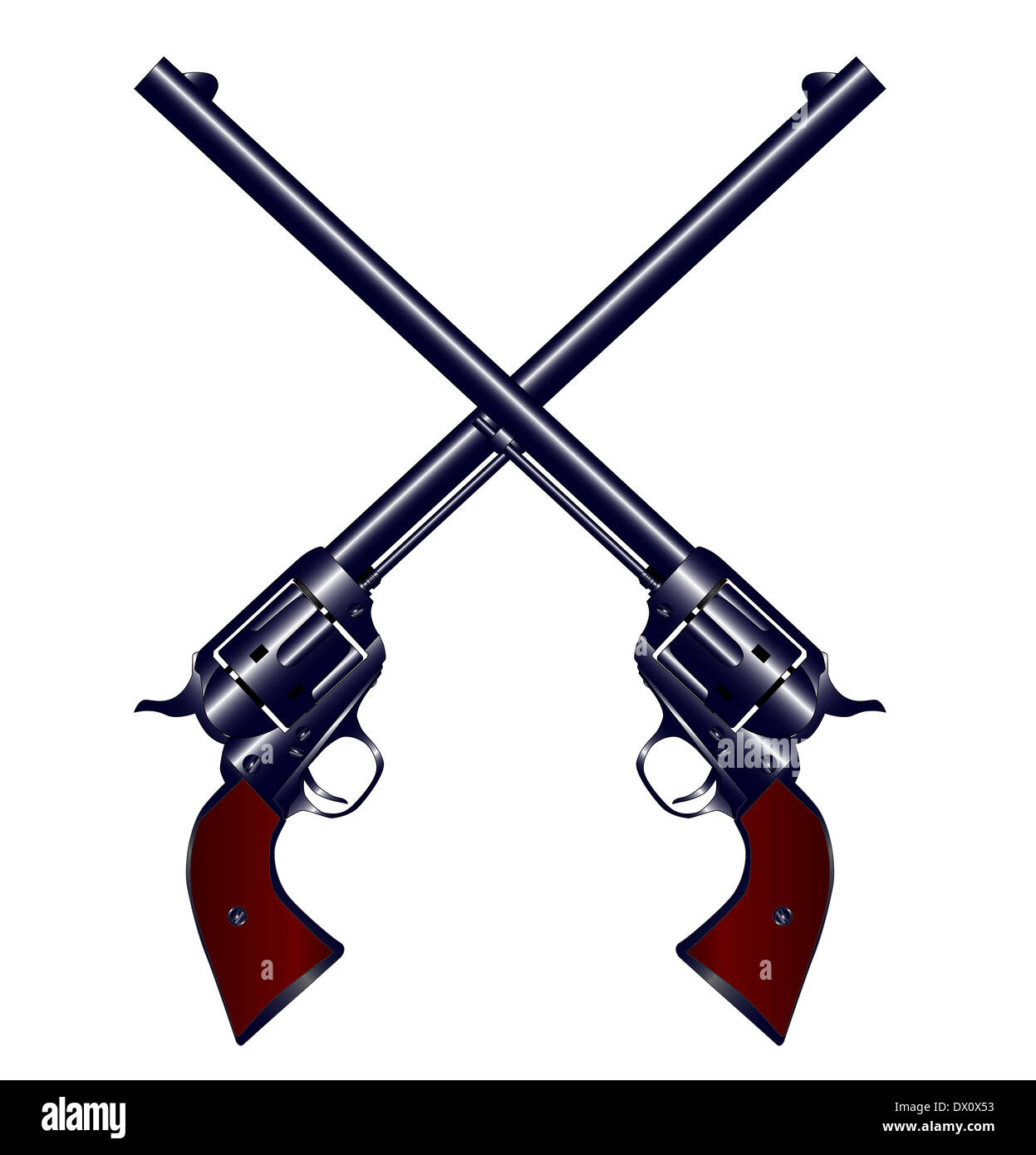 Two Long Barrel Six Guns Crossed Set On A White Background Stock