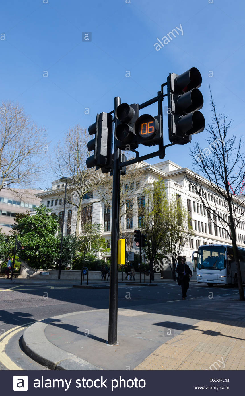 Traffic Lights in London with pedestrian countdown timer Stock Photo