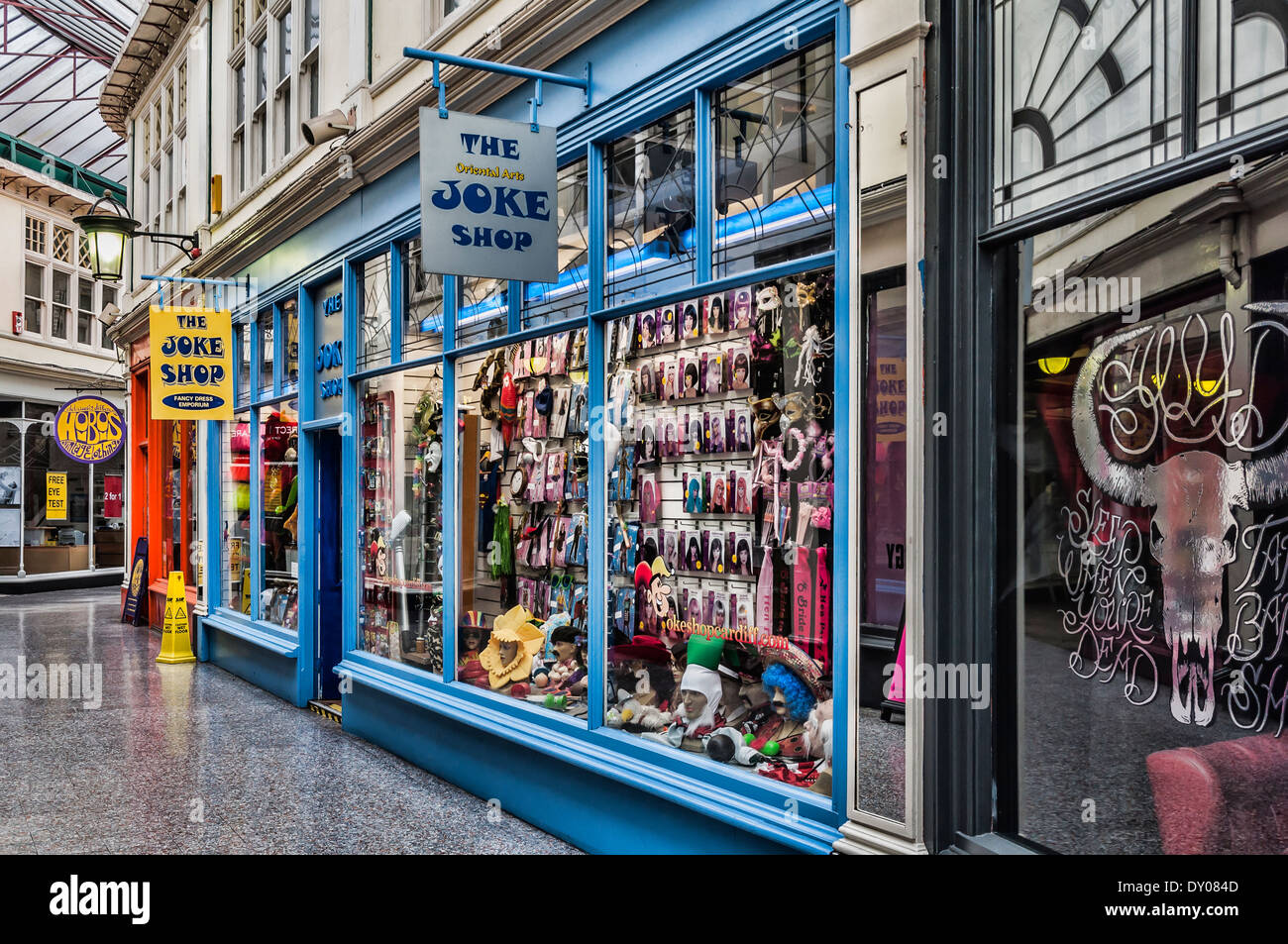The Joke Shop in High Street Arcade in Cardiff, Wales, United Stock