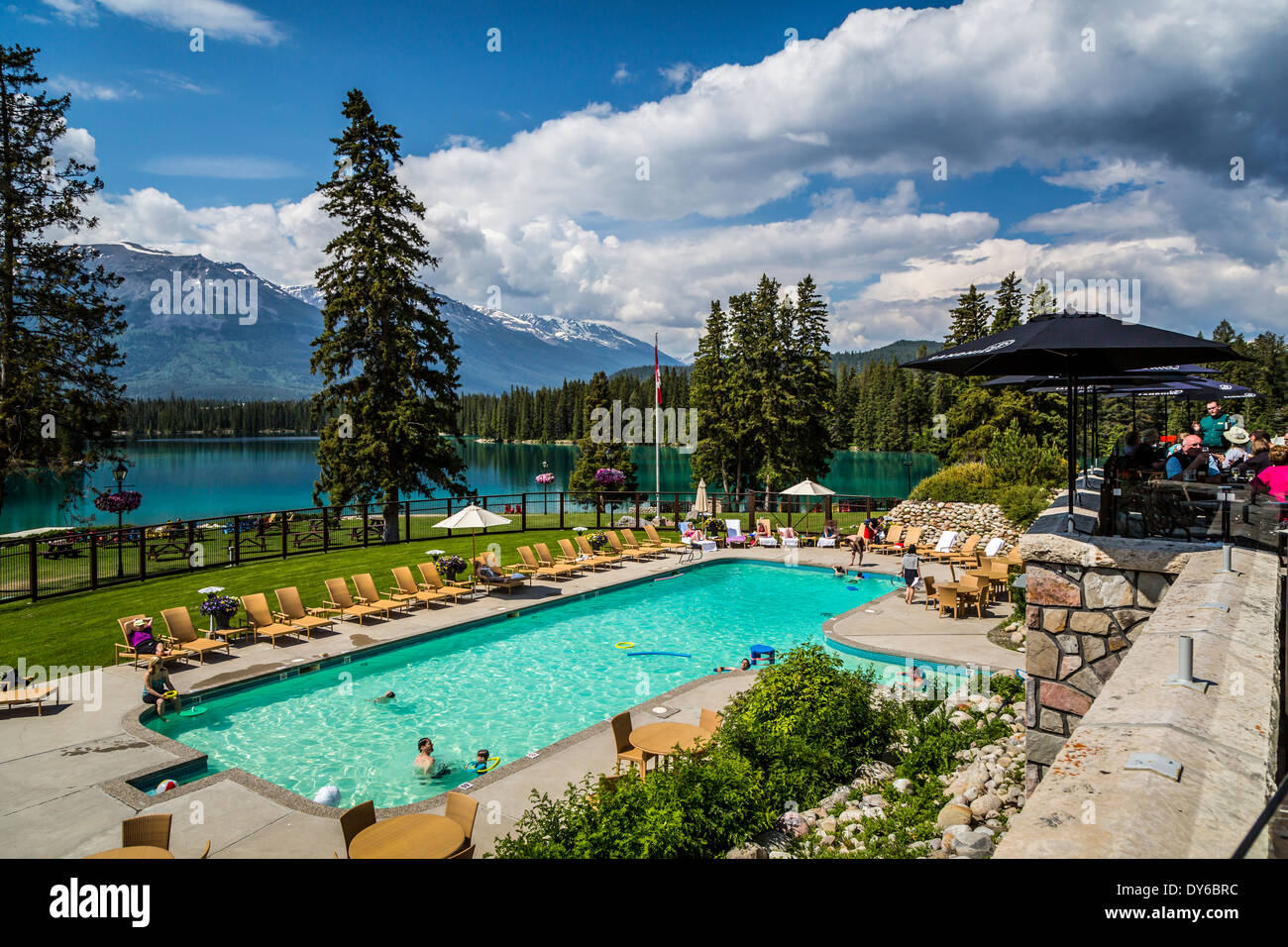 The swimming pool area at the Fairmont Jasper Park Lodge in Jasper