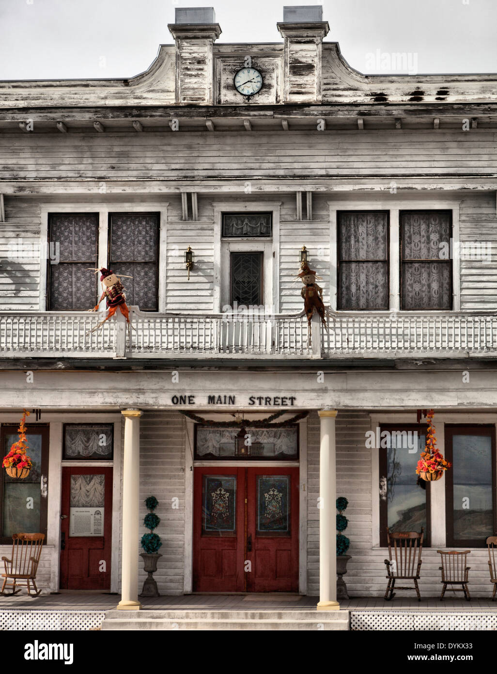 halloween decorations at the adams hotel a restored building on main street lavina montana usa america