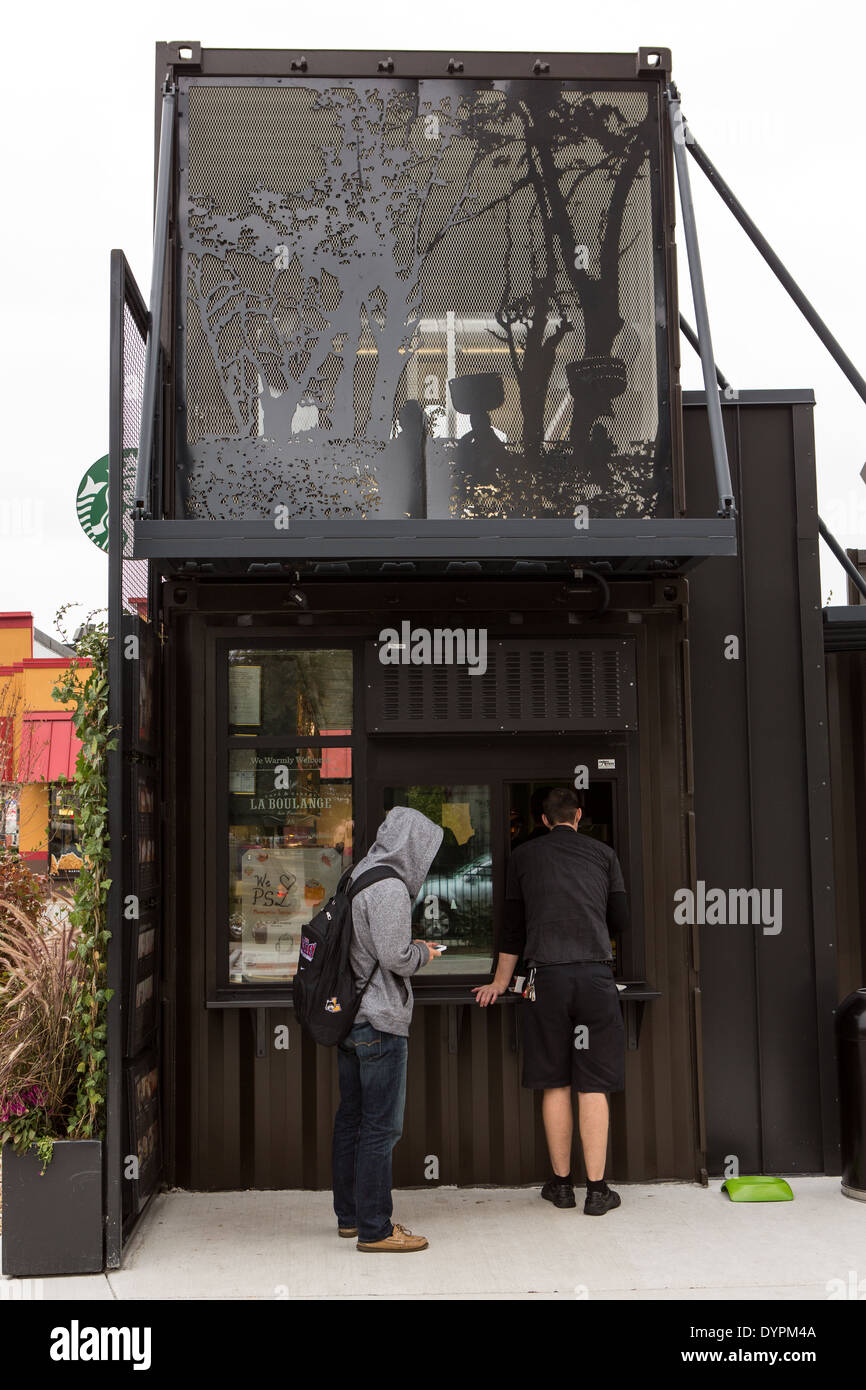 Starbucks Coffee shop built out of recycled shipping containers in
