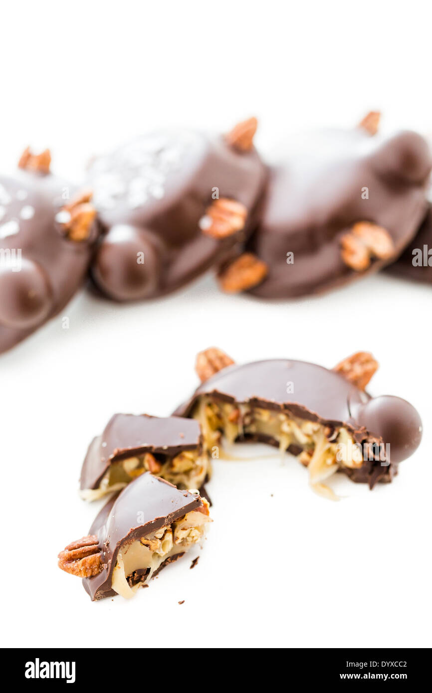 Gourmet Caramel Pecan Turtles made with milk chocolate and whole Stock