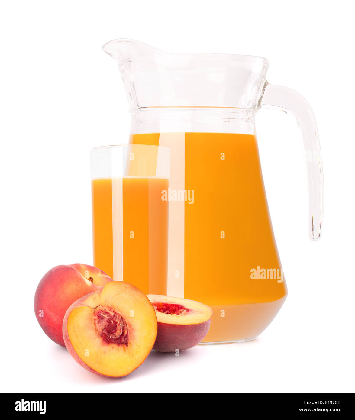 Peach Fruit Juice In Glass Jug Isolated On White Background Cutout