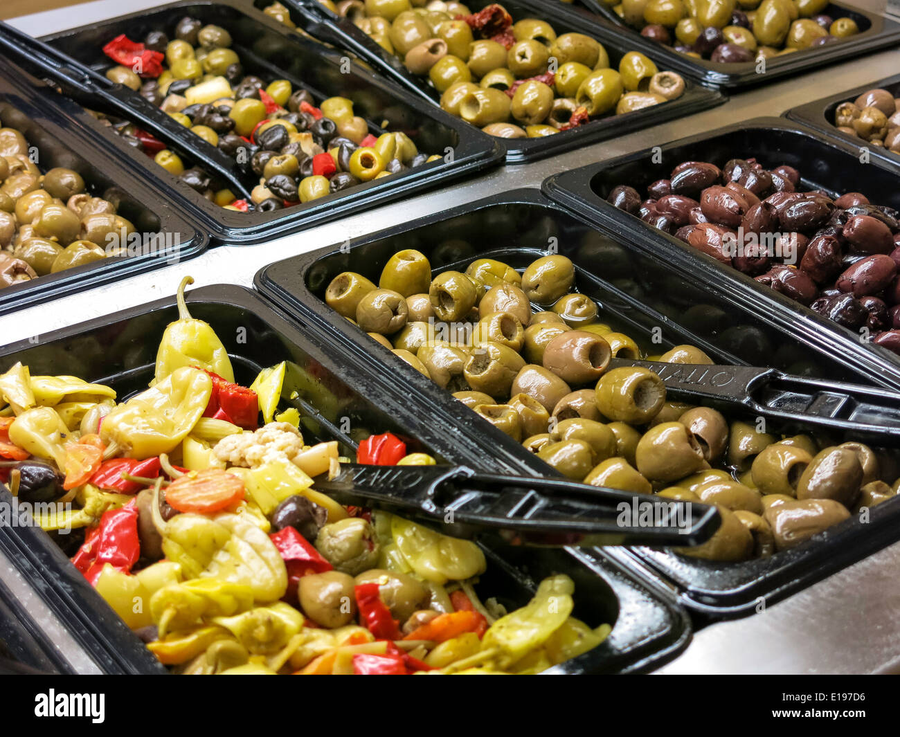 Fresh Olive Bar,Grocery Store, USA Stock Photo, Royalty Free Image