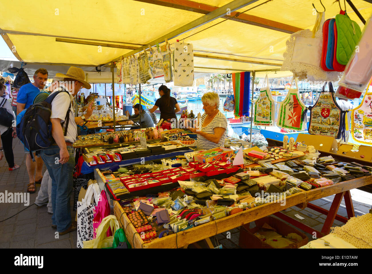 Maltese souvenirs stall, Marsaxlokk Market, Marsaxlokk, South Eastern