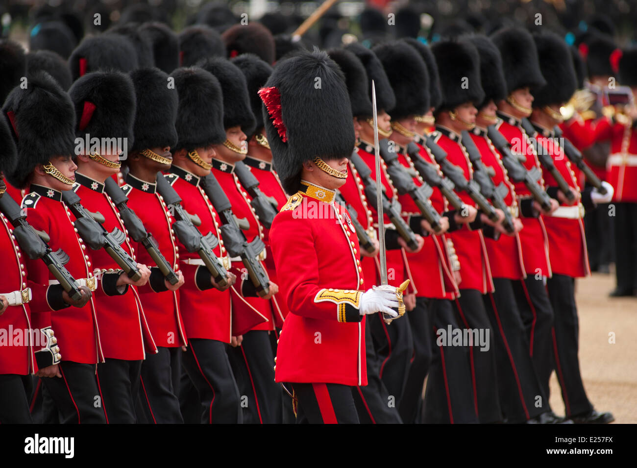 Coldstream Guards march past at The Queen’s Birthday Parade, Trooping
