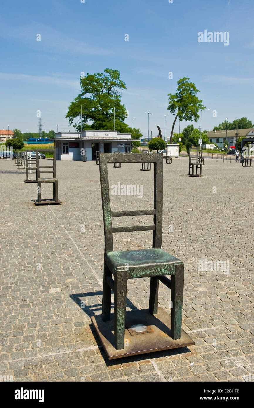 Poland, Krakow, Ghetto, Holocaust memorial sculptures of empty chairs