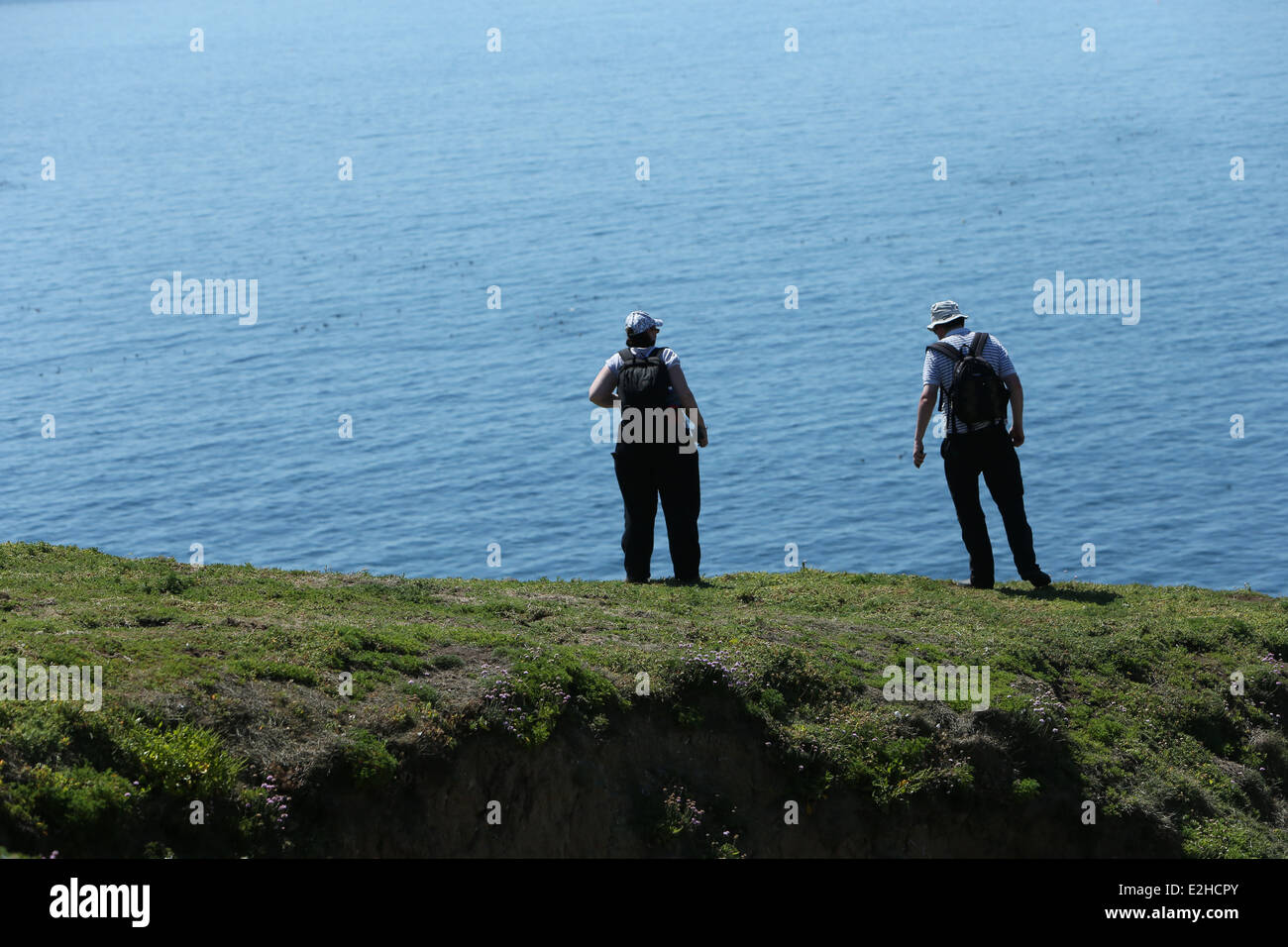 Two People Stand On A Cliff Edge Looking Out The Celtic Sea Great Saltee Island In Wexford Ireland Two People Stand On A Cliff Edge Looking Out The Celtic Sea Great Saltee Island In Wexford Ireland