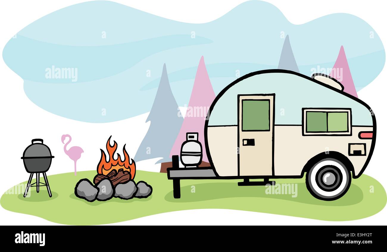 Vintage Style Camper Trailer And Camping Scene Vintage Style Camper Trailer And Camping Scene
