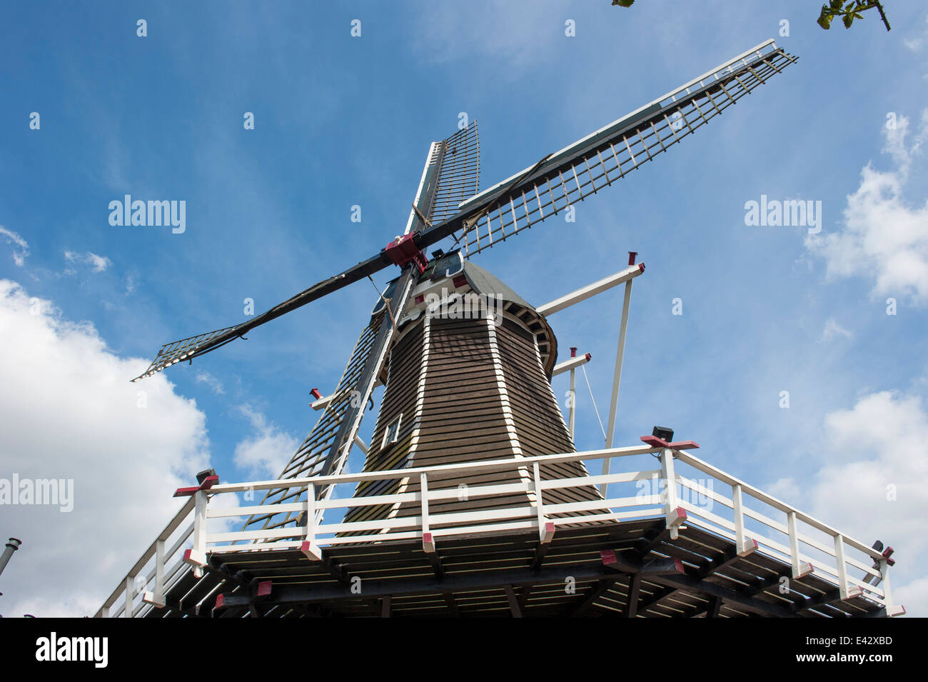 Traditional Dutch Wooden Windmill Taken From Low Angle Position Stock