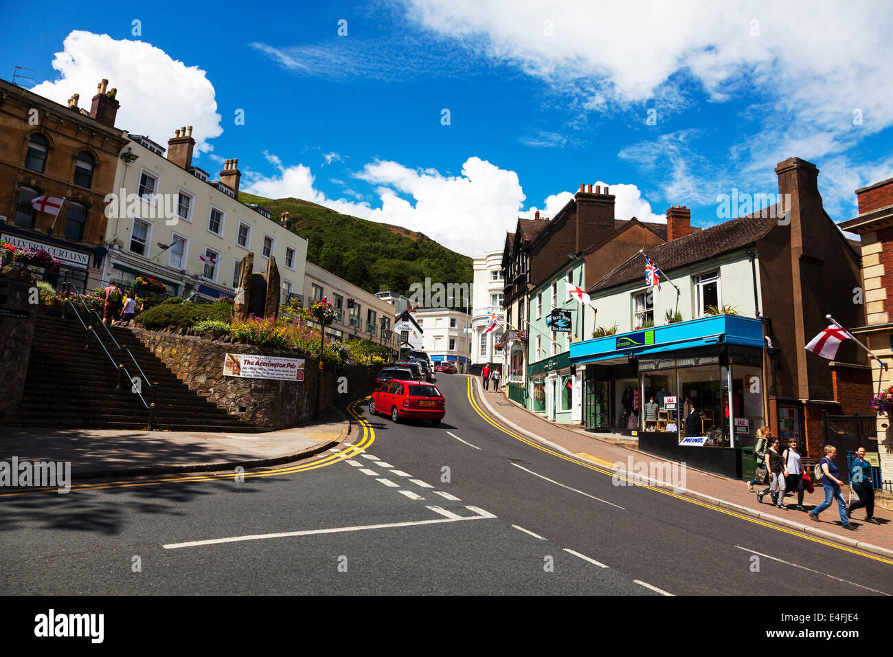 Great Malvern town hills in background shops tourists UK England Stock