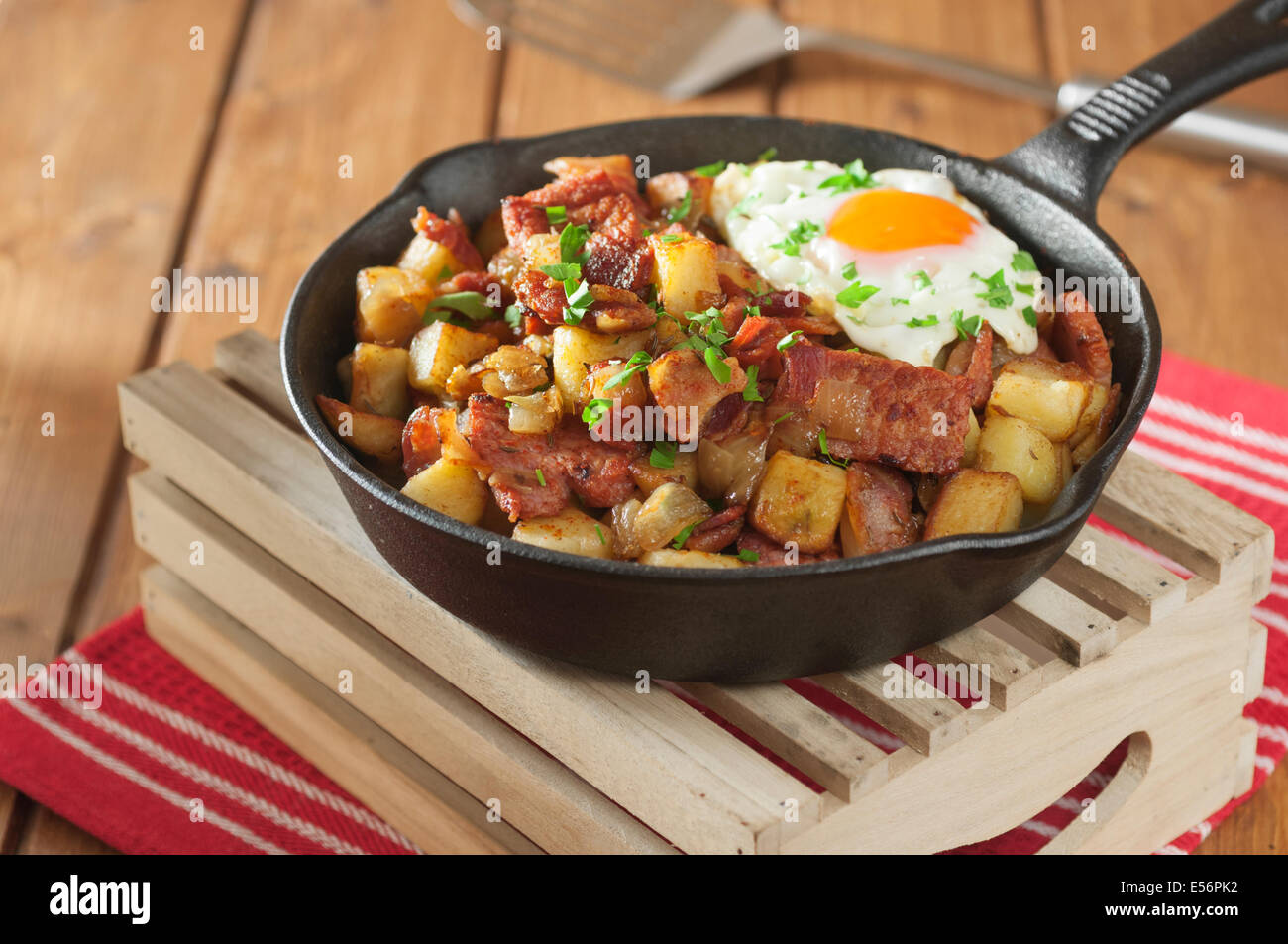Tiroler gröstl. Potato, bacon and onion hash. Austria Food Stock Photo