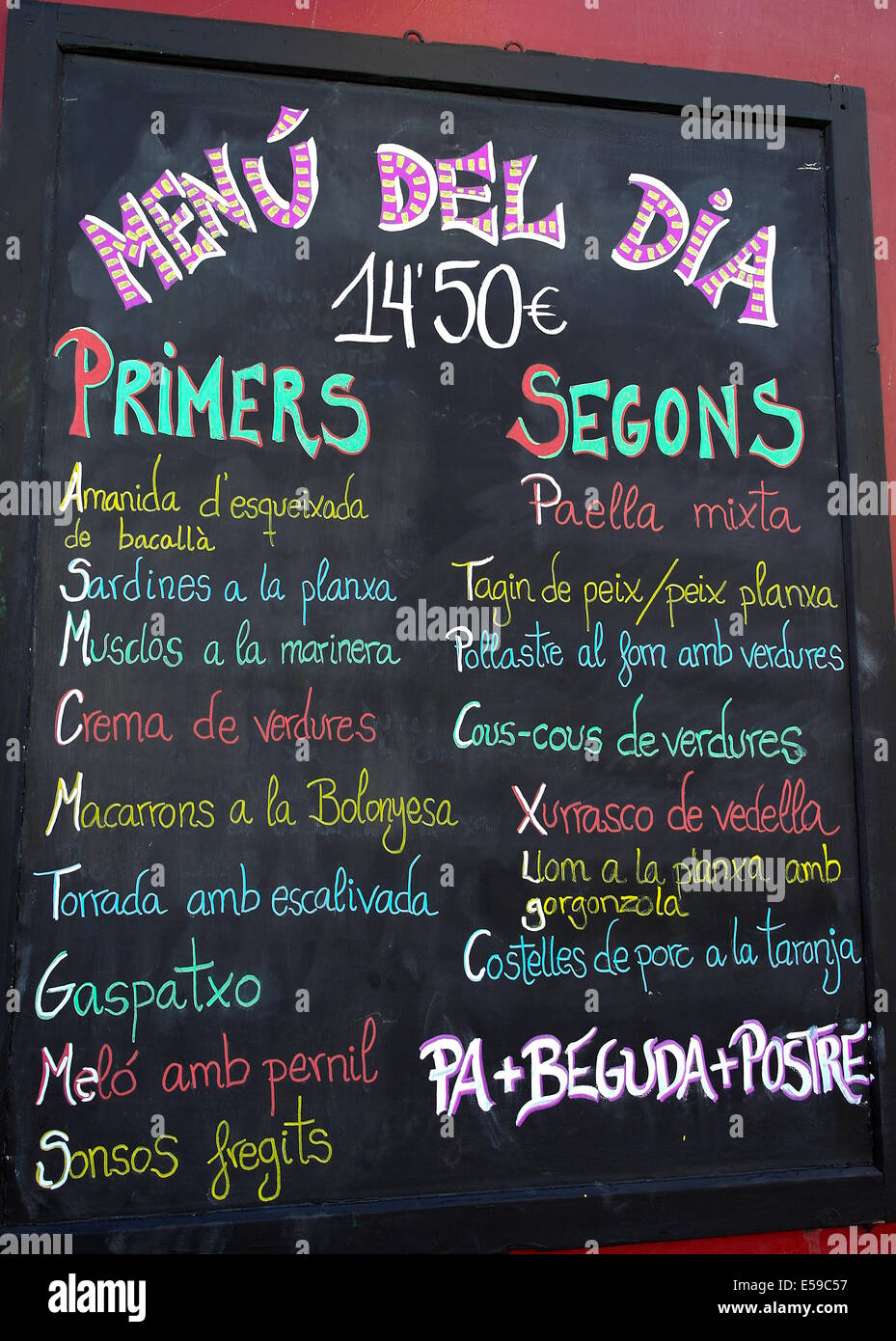 Spanish Food Menu On Board In Costa Brava Catalonia Spain Stock Photo