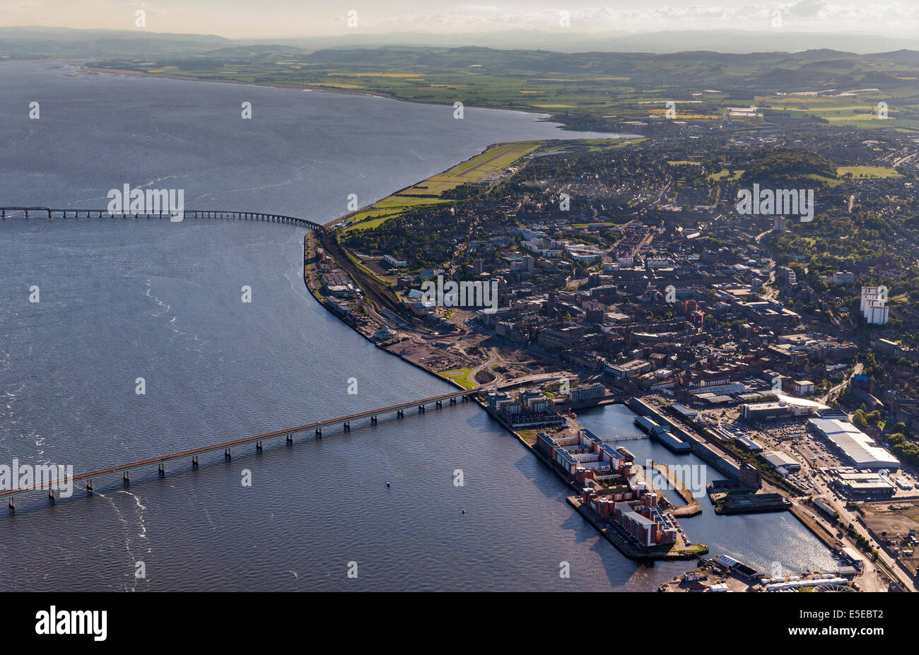 Aerial view over Dundee, Scotland with the River Tay and Road and Stock