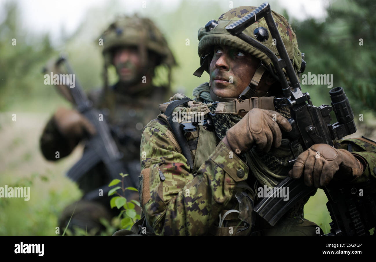 Estonian Land Forces Cpl. Martin Jaager watches as a simulated enemy