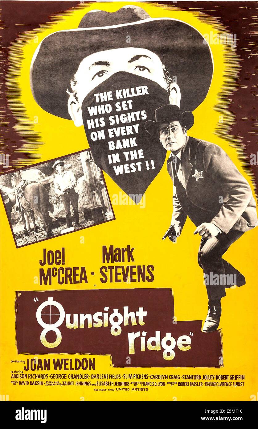 GUNSIGHT RIDGE, from left: Mark Stevens, Joel McCrea 1957 Stock Photo