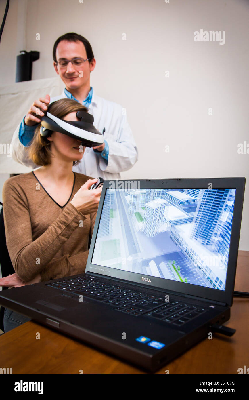 Woman during a session of virtual reality therapy to treat acrophobia
