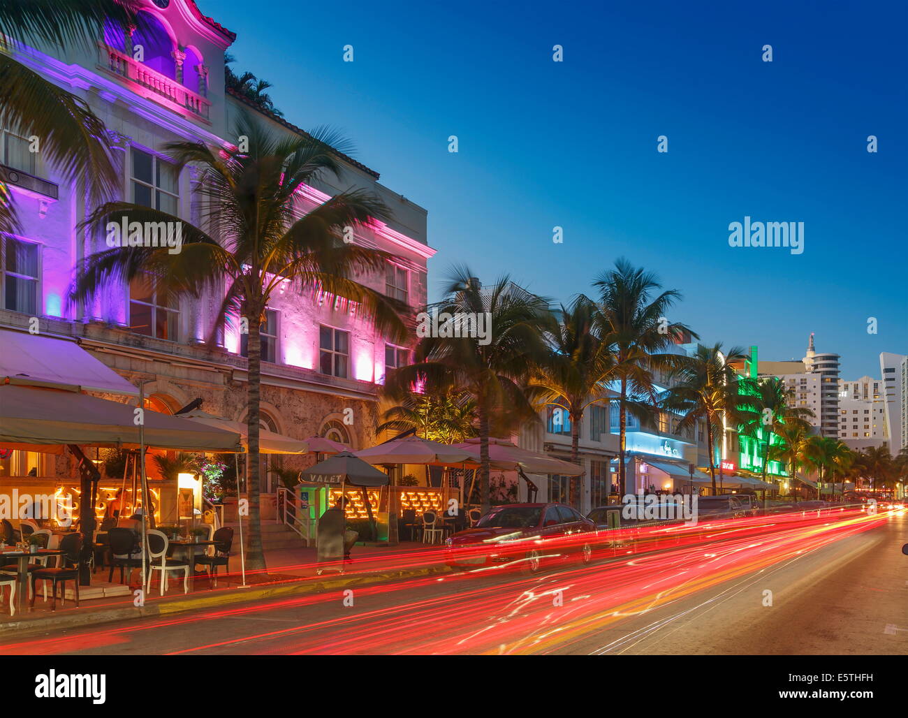 Art Deco District At Night Ocean Drive South Beach Miami Beach Stock