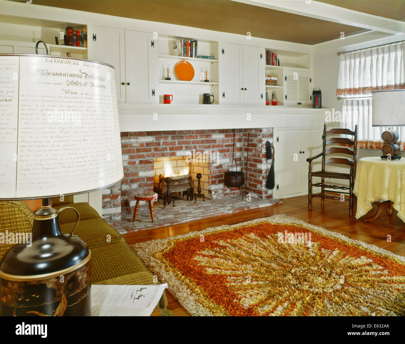 1960s INTERIOR OF LIVING ROOM WITH SHAG AREA RUG FIREPLACE AND