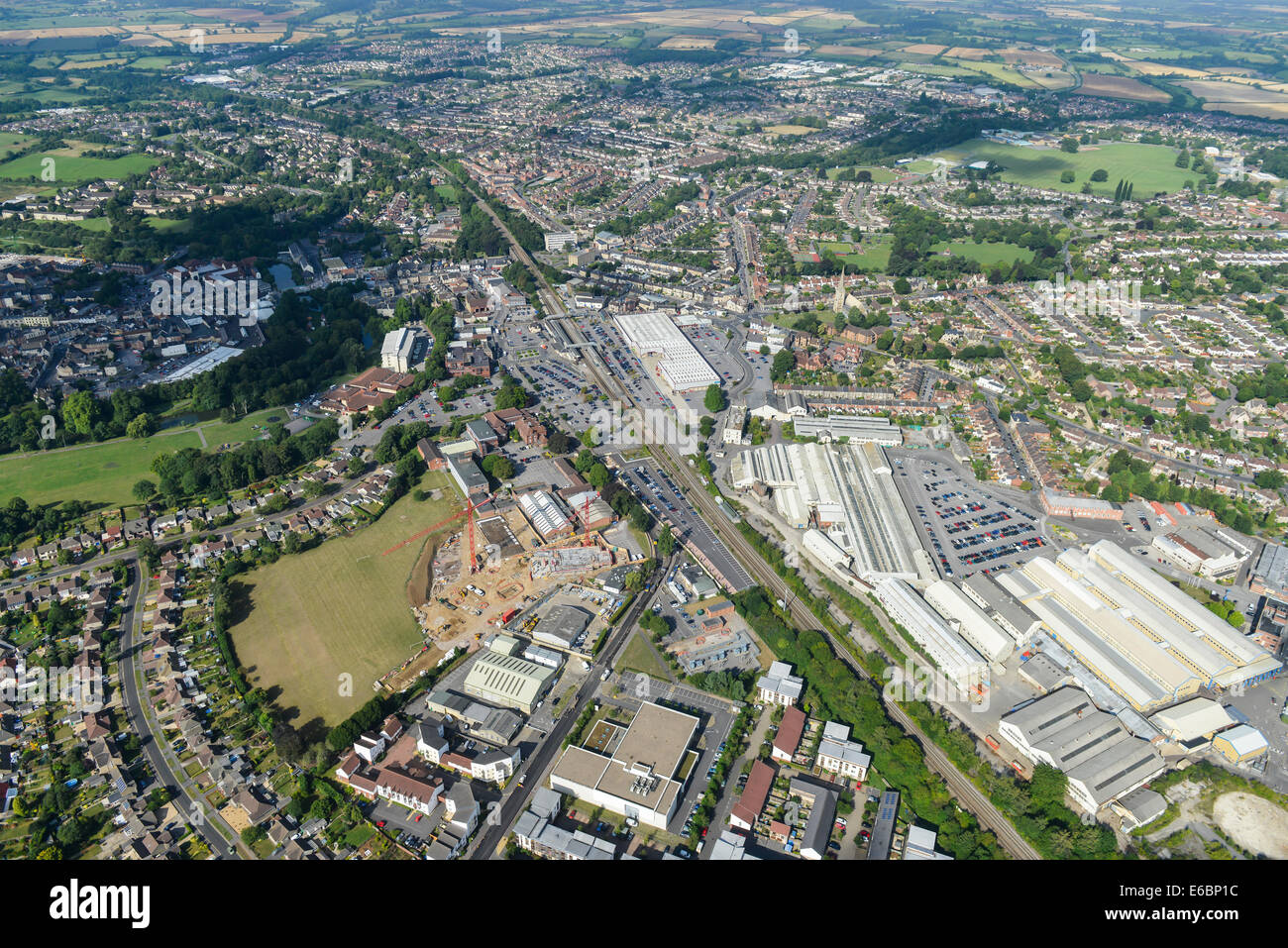 An aerial view showing the town of Chippenham in Wiltshire, UK Stock