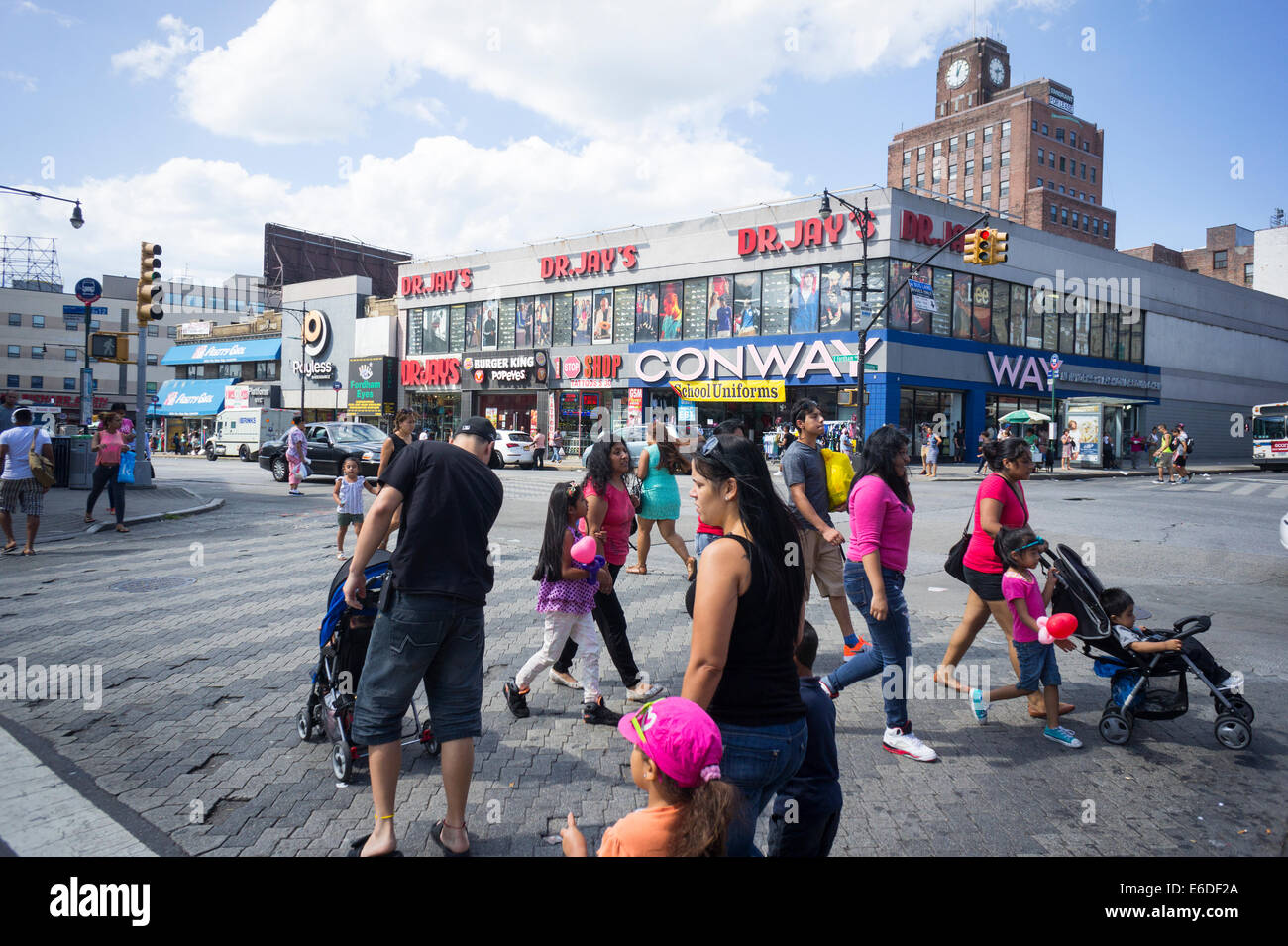 Stores in the Fordham Road shopping district in the Bronx in New York Stock Photo, Royalty Free