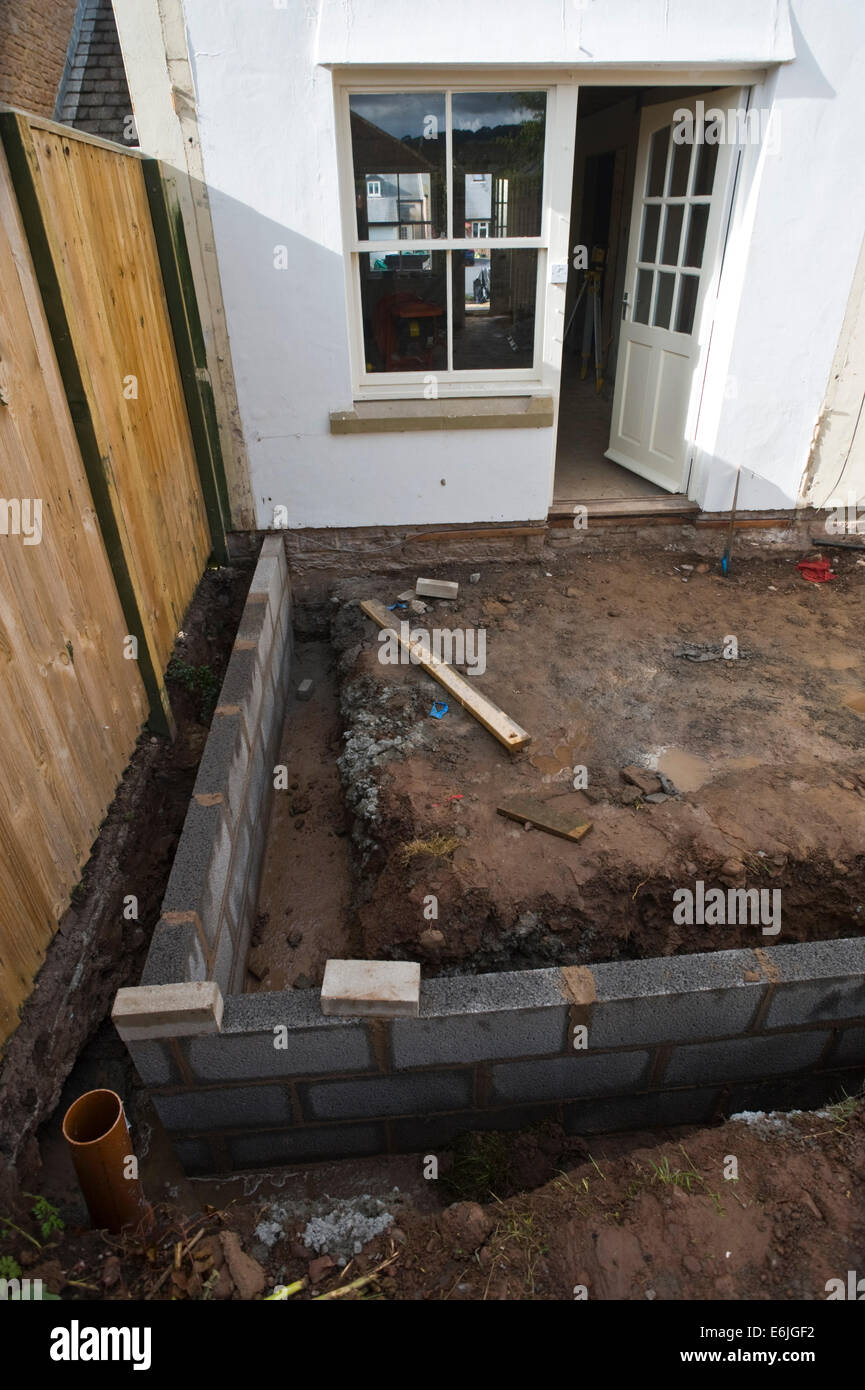 Foundation block walls laid for new house extension HayonWye Powys