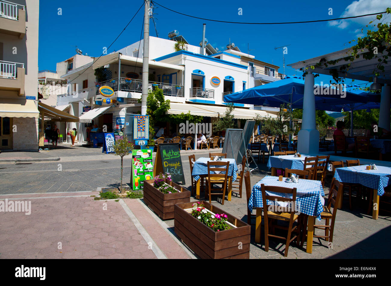 Restaurant terraces, Diagoras square, old town, Kos town, Kos island Stock Photo, Royalty Free