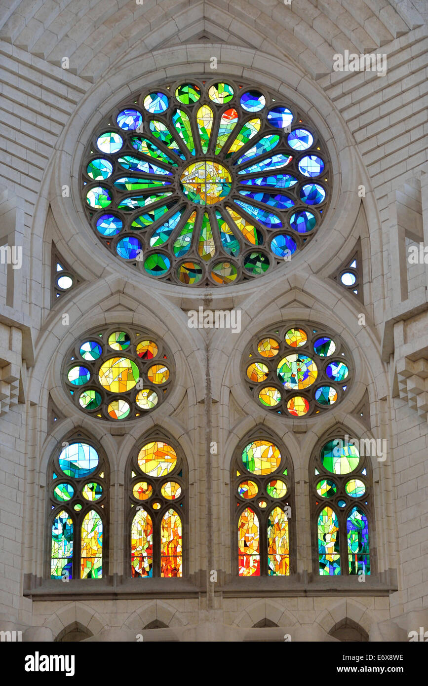 Stained glass windows of the Sagrada Familia, Holy Family Church of Stock Photo, Royalty Free