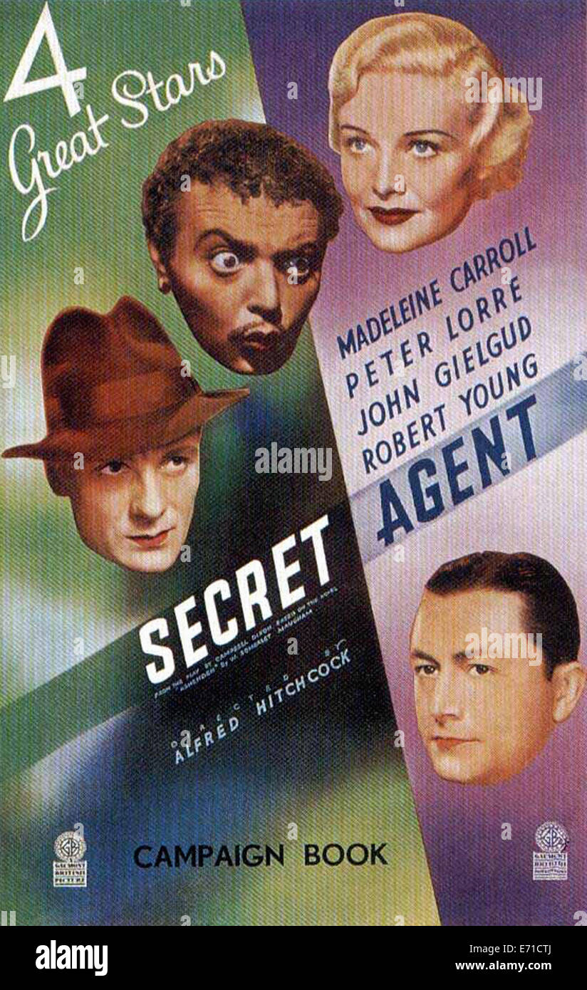 Secret Agent Movie Poster Director Alfred Hitchcock 1936 Stock