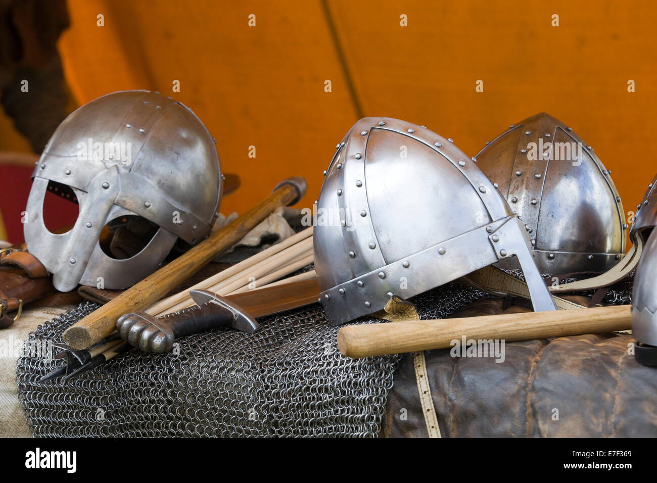 Viking armor and weapons at a historical reenactment Stock Photo