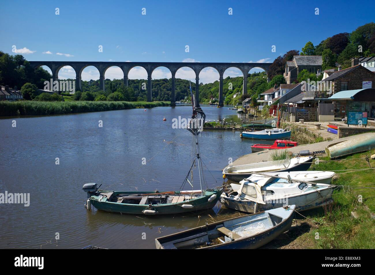 Calstock and railway viaduct over the River Tamar, Cornwall, England