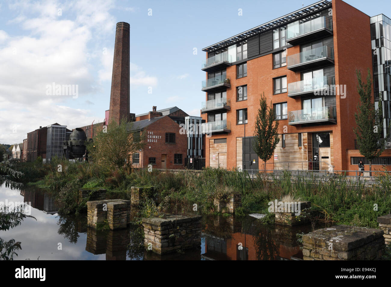 Kelham Island Apartments in Sheffield, Mill Run in foreground Stock