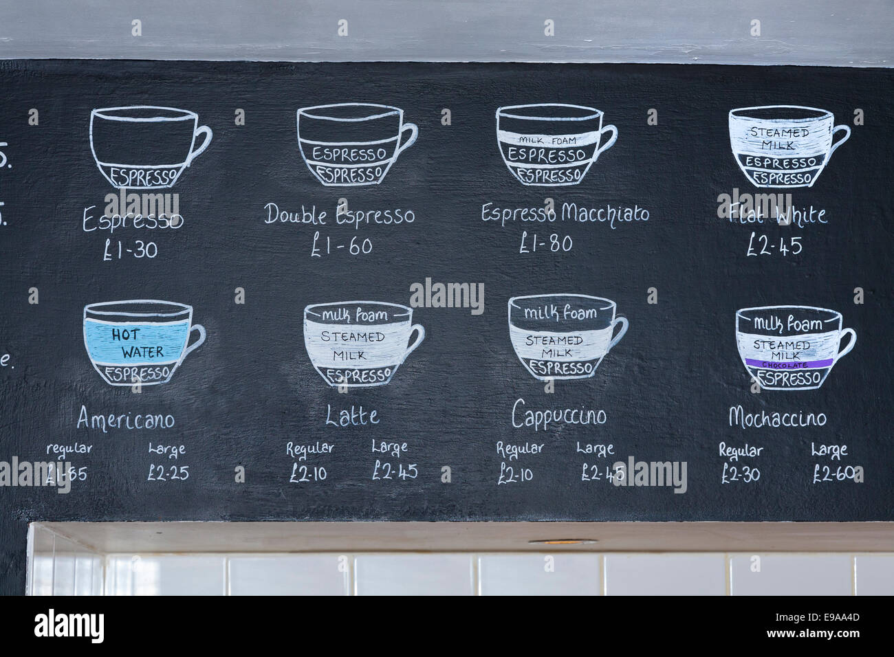 menu and price list for coffee drinks on a blackboard in a cafe in E9AA4D