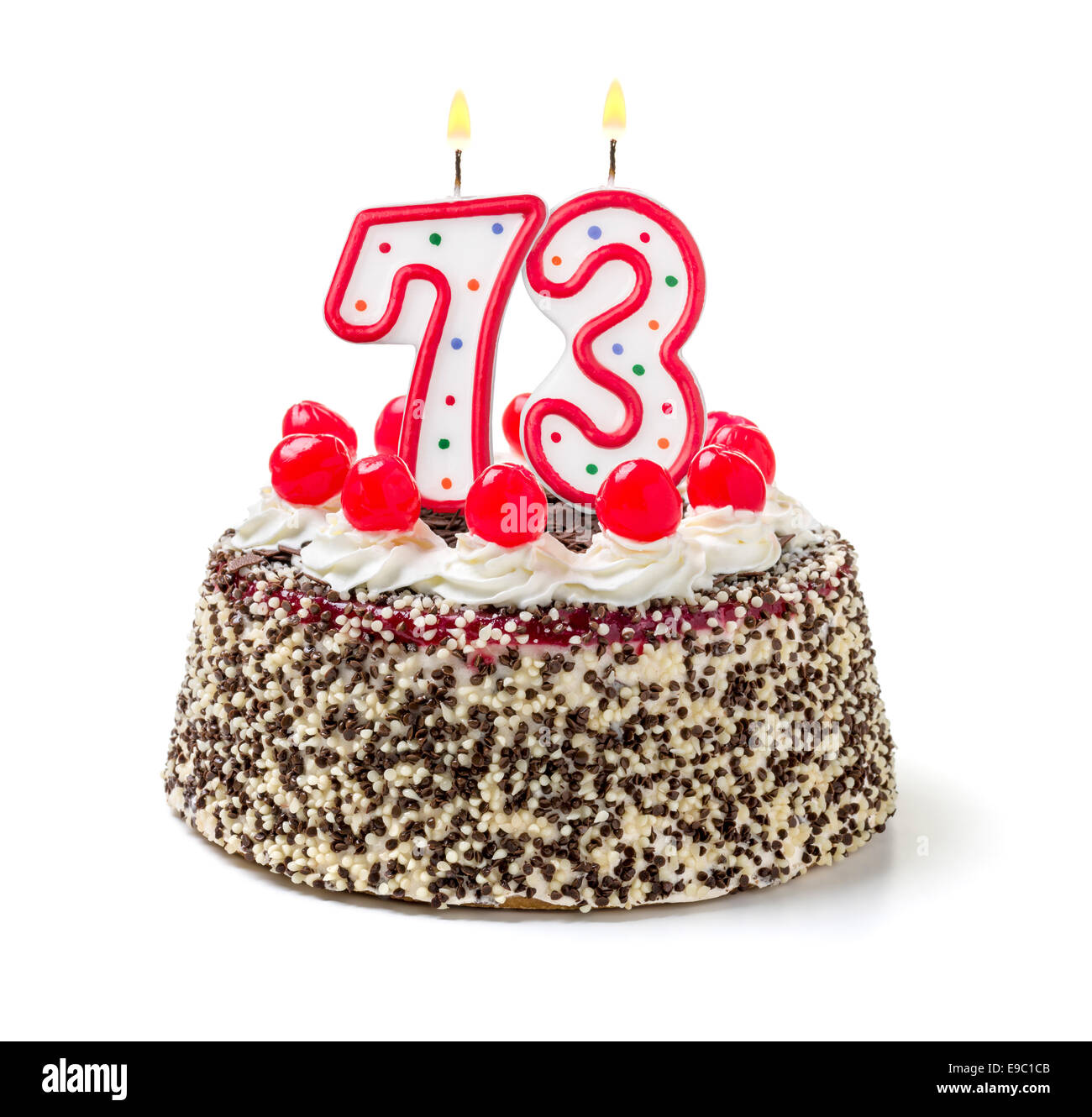 Birthday cake with burning candle number 73 Stock Photo, Royalty Free