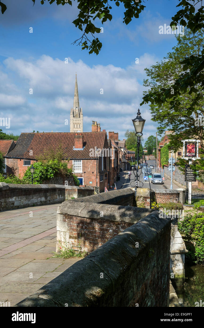 A view of Norwich Cathedral from the medieval Bridge Stock Photo
