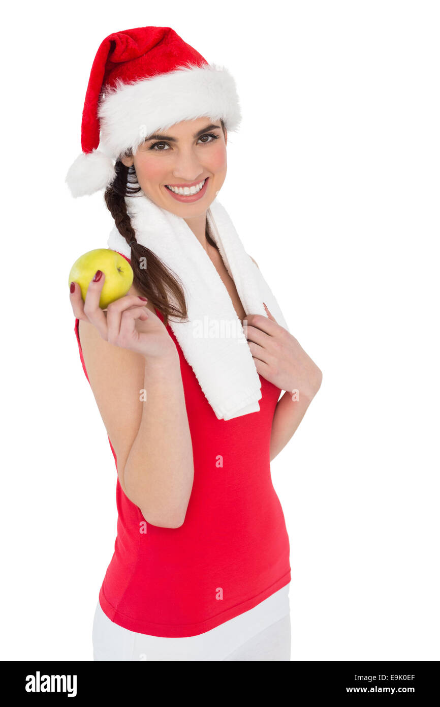 Festive Fit Brunette Holding Apple Stock Photo Alamy