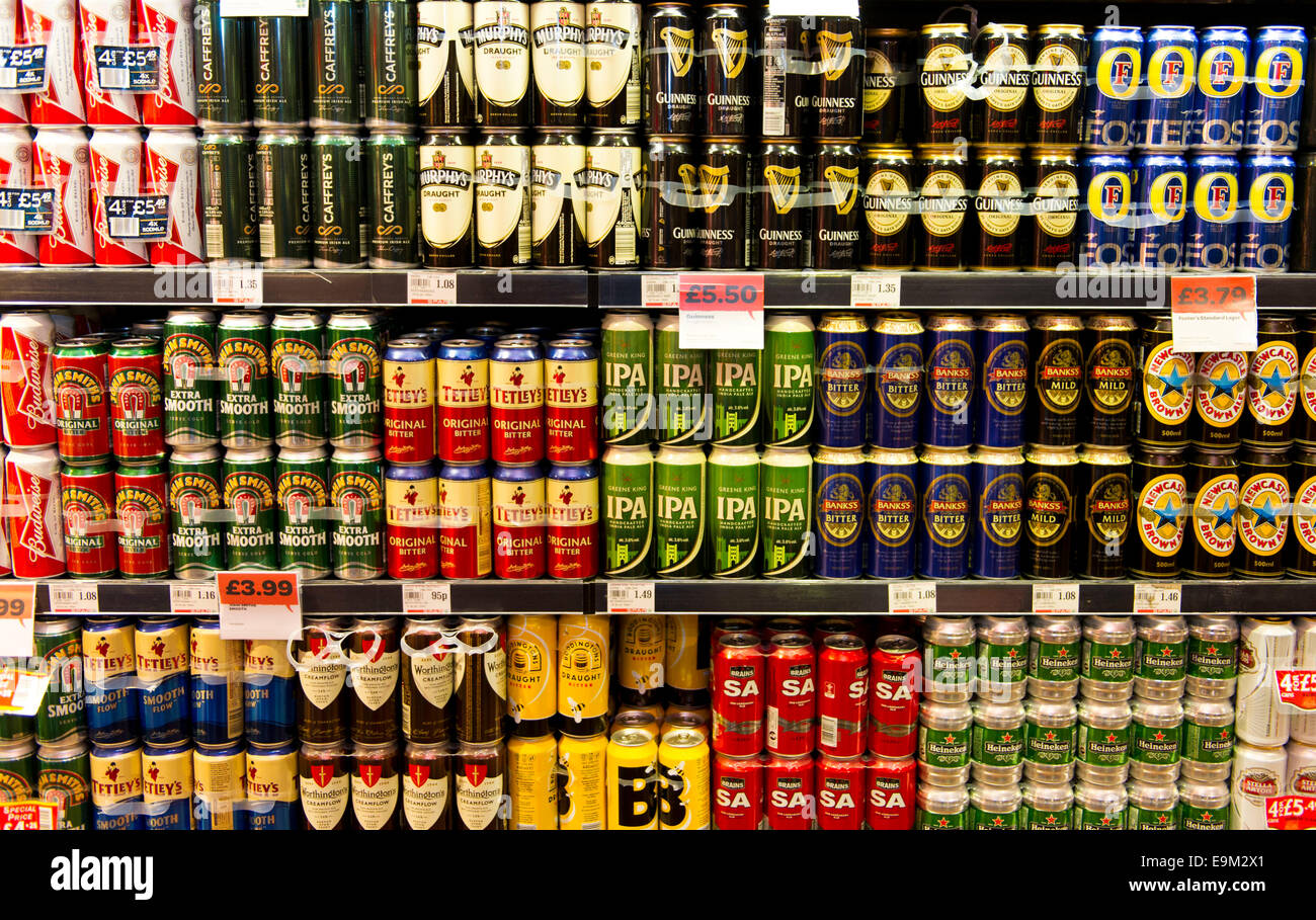 Beer and ale alcohol on display on a supermarket off licence shop Stock