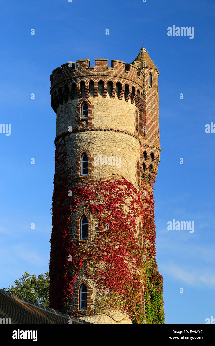 Ivy clad tower in France French Castle tower Rapunzel Stock Photo