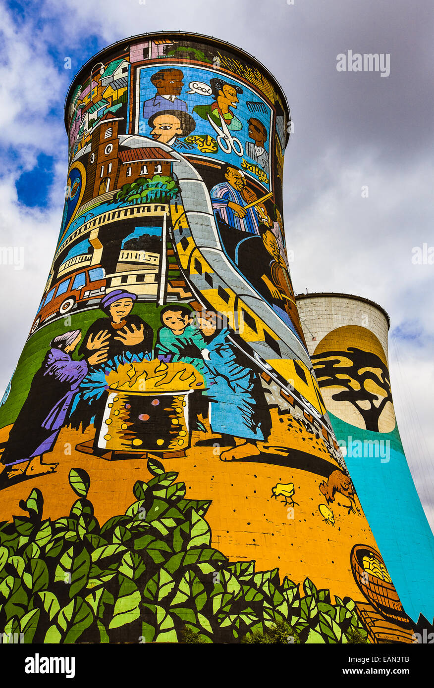 South Africa, Soweto, painted cooling tower of a disused coal power