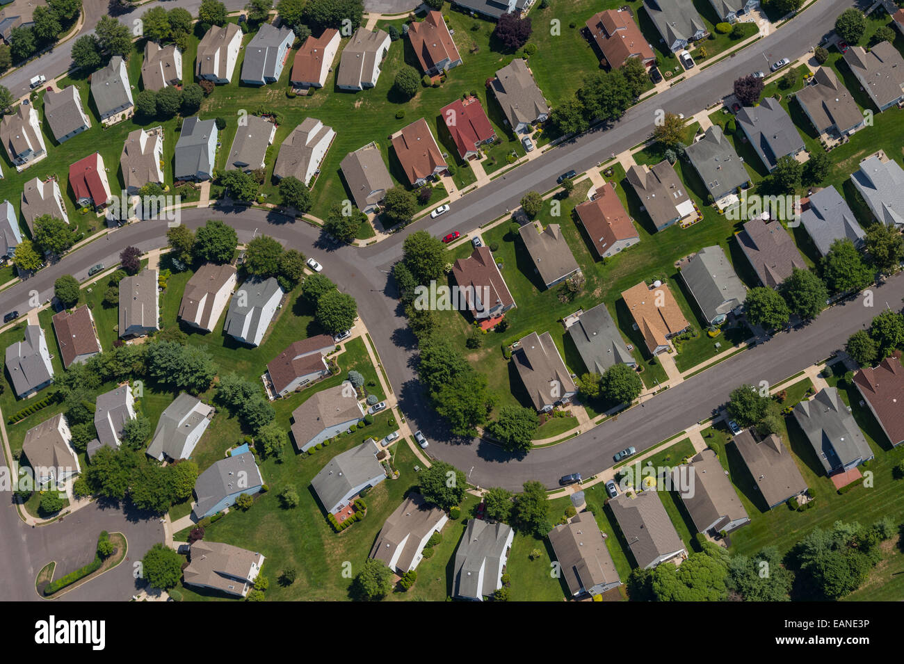 Aerial View Of Residential Houses In Suburban Neighborhood, New Stock