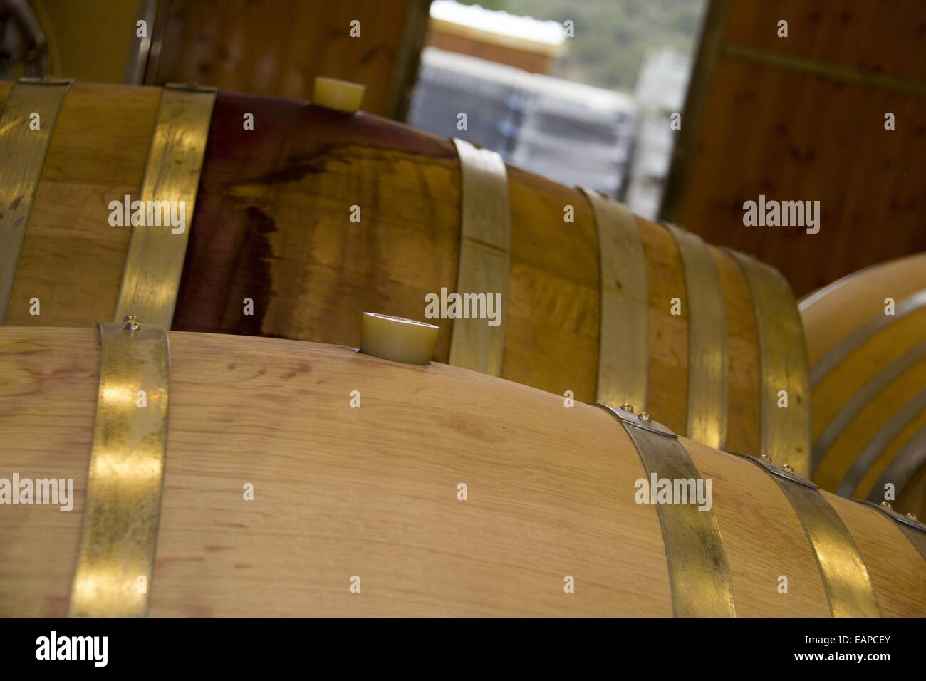 Wine Barrels Stacked In Cellar Area Of Winery Stock Photo Alamy