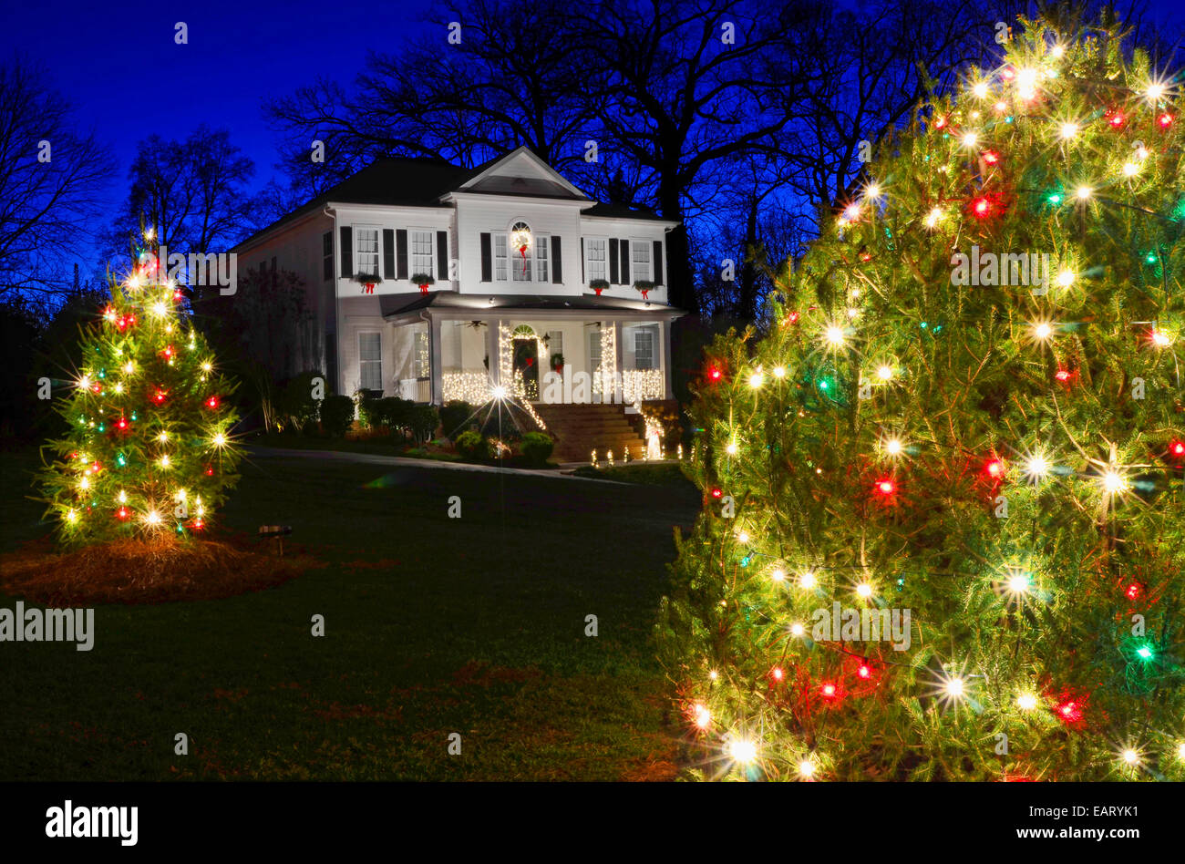 Outdoor Christmas Trees have been decorated with red, green and white Stock Photo, Royalty Free ...