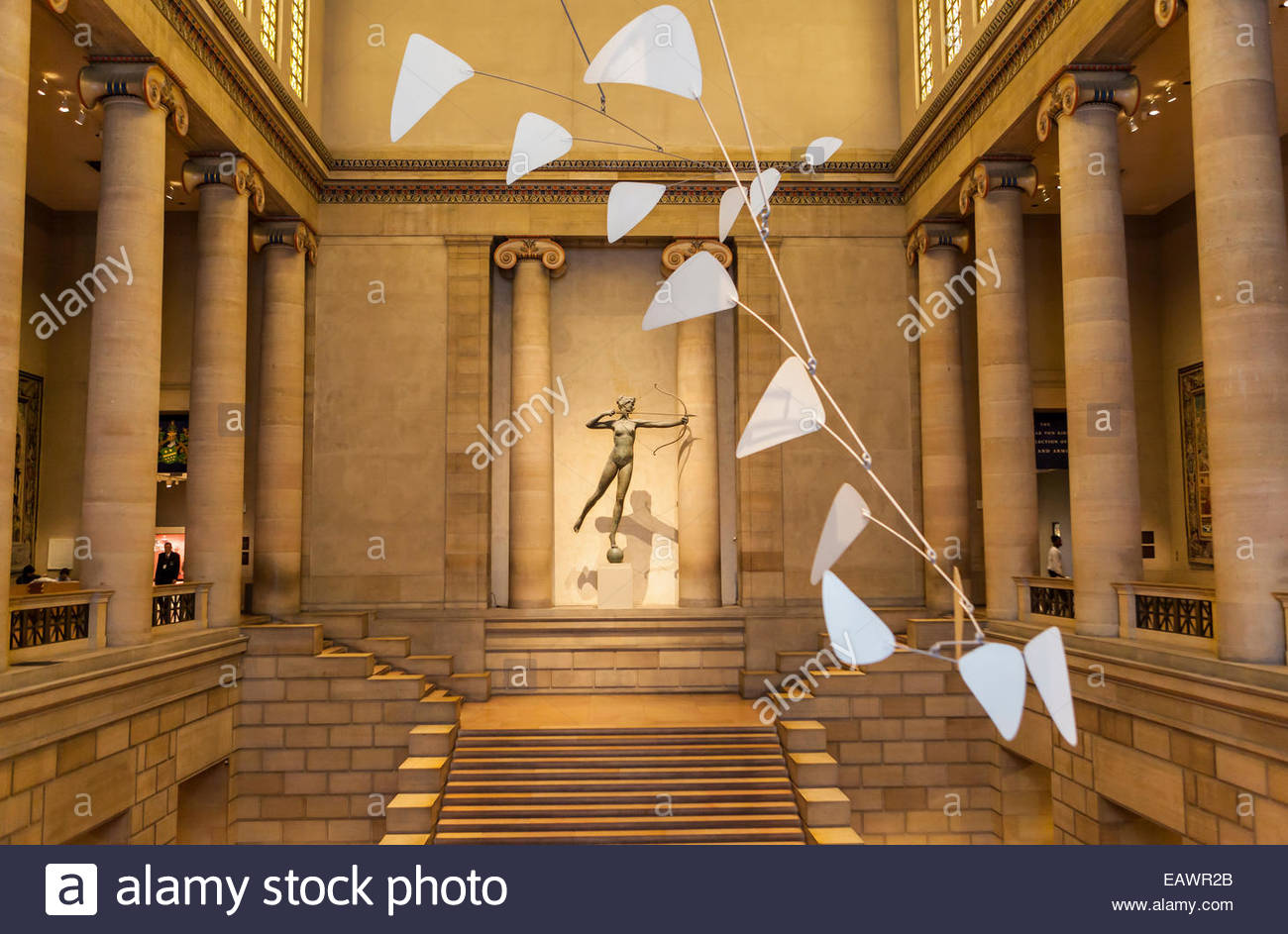Alexander Calder's mobile, Ghost, and a bronze statue of Diana Stock