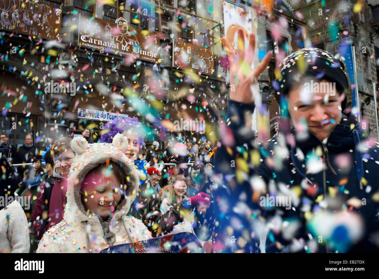Confetti in the Town Hall Square. Music, dance, party and costumes in