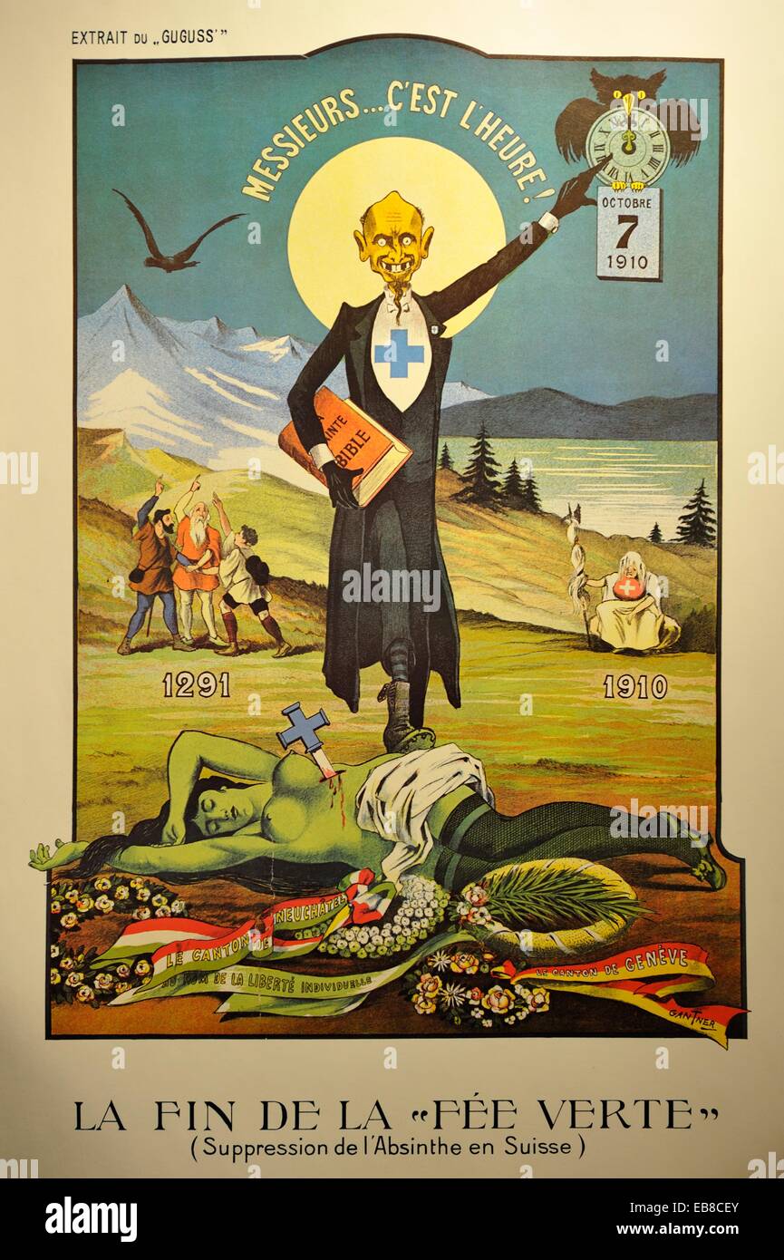 poster by Albert Gantner in 1910 criticizing the ban on absinthe in