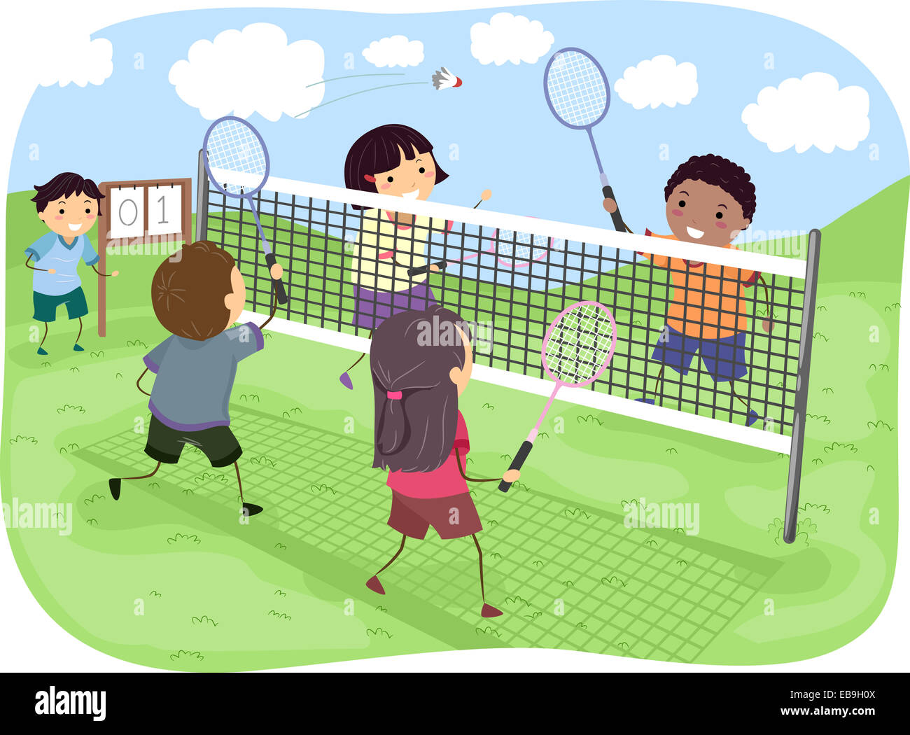 Illustration Featuring a Group of Kids Playing Badminton Doubles in a