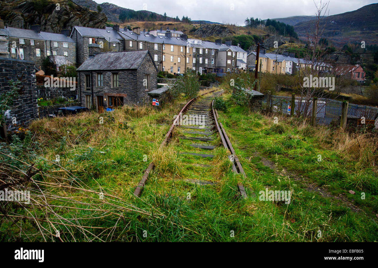 A disused railway line in Blaenau Ffestiniog North Wales the town Stock